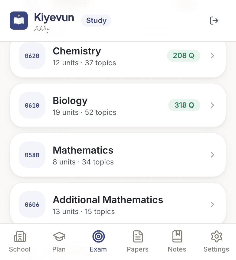 The subject list showing Cambridge codes 0620, 0610 and 0580 with unit, topic and question counts.