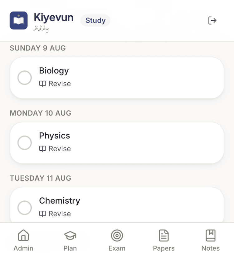 The study plan on a phone, counting down to the exam date.